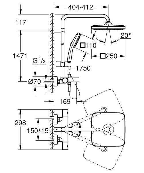 Душова система настінного монтажу Grohe Tempesta System 250 Cube з термостато... 266912431 фото