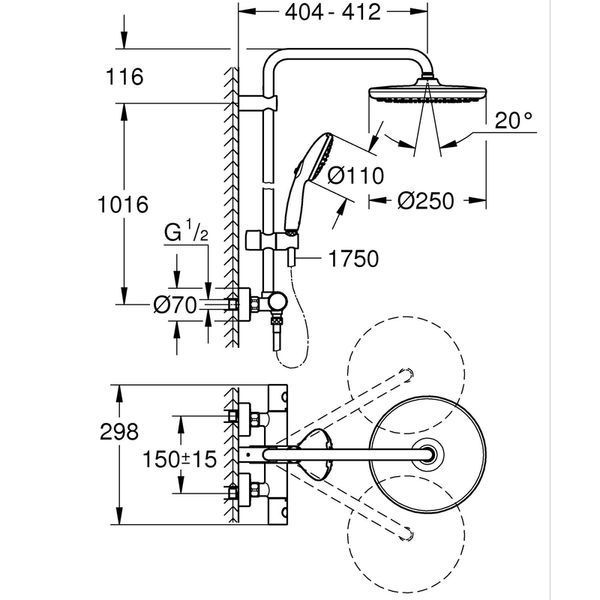 Душова система з термостатом для настінного монтажу Grohe Tempesta System 250... 26670001 фото