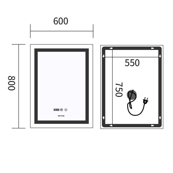 Дзеркало Mixxus Premium FLASH MR21-60x80 з LED Touch, Anti-fog, димером, регулятором яскравості, годинником (MP6617) MP6617 фото