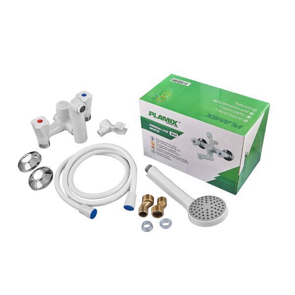 Змішувач для ванни PLAMIX OMEGA-142 EURO SET WHITE (зі шлангом, лійкою та кро... MX9699 фото