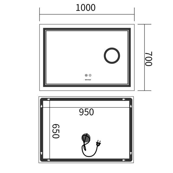 Дзеркало Mixxus Premium QUADRO MR20-100x70 з LED Touch, Anti-fog, димером, регулятором яскравості, лінзою (MP6622) MP6622 фото
